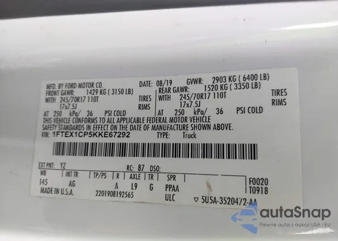 2019 Ford F-150 Xl z USA, uszkodzony, nr VIN 1FTEX1CP5KKE67292